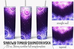 Sunflower personalized tumbler wrap sublimation design with glowing purple sunflowers on dark purple background.  Straight and tapered walls 20 oz skinny tumbler full wrap png files for download.