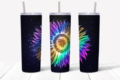 Sunflower personalized tumbler wrap sublimation design with glowing  rainbow holographic sunflower on black background.  Straight and tapered walls 20 oz skinny tumbler full wrap png files for download.