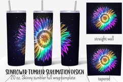 Sunflower personalized tumbler wrap sublimation design with glowing  rainbow holographic sunflower on black background.  Straight and tapered walls 20 oz skinny tumbler full wrap png files for download.