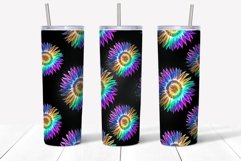 Sunflower tumbler wrap sublimation design with glowing  rainbow holographic sunflowers seamless pattern on black background .  Straight and tapered walls 20 oz skinny tumbler full wrap png files for download.