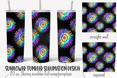 Sunflower tumbler wrap sublimation design with glowing  rainbow holographic sunflowers seamless pattern on black background .  Straight and tapered walls 20 oz skinny tumbler full wrap png files for download.