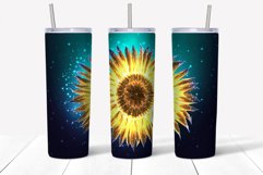 Sunflower  seamless tumbler wrap sublimation design with glowing yellow sunflower on teal background.  Straight and tapered walls 20 oz skinny tumbler full wrap png files for download.