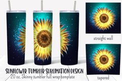 Sunflower  seamless tumbler wrap sublimation design with glowing yellow sunflower on teal background.  Straight and tapered walls 20 oz skinny tumbler full wrap png files for download.