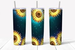 Sunflower  seamless tumbler wrap sublimation design with glowing yellow sunflowers on teal background.  Straight and tapered walls 20 oz skinny tumbler full wrap png files for download.