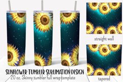 Sunflower  seamless tumbler wrap sublimation design with glowing yellow sunflowers on teal background.  Straight and tapered walls 20 oz skinny tumbler full wrap png files for download.