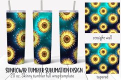 Sunflower  seamless tumbler wrap sublimation design with glowing yellow sunflowers on teal background.  Straight and tapered walls 20 oz skinny tumbler full wrap png files for download.