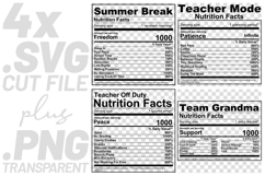 4x Nutrition Facts Teacher Summer Grandma SVG Cut Files Product Image 1