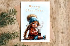 Merry Christmas card design Cute girl with cup of tea, cocoa Product Image 2