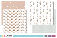 Christmas printable digital papers with cute gnomes, hearts, and gift baskets in soft neutral colors. Perfect for scrapbooking and crafts.