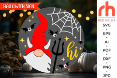 gnome devil svg, spooky hanger svg, halloween door sign svg, welcome sign svg, fall door sign svg, round hanging sign svg, laser cut file, layered sign svg, glowforge cut file, cricut cut file, porch sign svg, front sign svg, outside sign svg