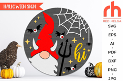 gnome devil svg, spooky hanger svg, halloween door sign svg, welcome sign svg, fall door sign svg, round hanging sign svg, laser cut file, layered sign svg, glowforge cut file, cricut cut file, porch sign svg, front sign svg, outside sign svg