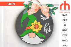 gnome hi svg, gnome sunflower svg, peeking gnome svg, gnome pattern svg, welcome hanger svg, summer circle dxf, round hanging sign svg, laser cut file, layered sign svg, garden door sign svg, glowforge cut file, cricut cut file, seasonal door svg