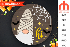 gnome mummy svg, spooky hanger svg, halloween door sign svg, welcome sign svg, fall door svg, round hanging sign svg, laser cut file, layered sign svg, glowforge cut file, cricut cut file, porch sign svg, front sign svg, outside sign svg, autumn circle