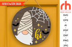 gnome mummy svg, spooky hanger svg, halloween door sign svg, welcome sign svg, fall door svg, round hanging sign svg, laser cut file, layered sign svg, glowforge cut file, cricut cut file, porch sign svg, front sign svg, outside sign svg, autumn circle