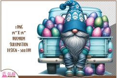 Blue Vintage truck filled with Easter eggs and a gnome with a blue knit cap