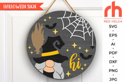 gnome witch svg, spooky hanger svg, halloween door sign svg, welcome sign svg, fall door sign svg, round hanging sign svg, laser cut file, layered sign svg, glowforge cut file, cricut cut file, witch broom svg, porch sign svg, front sign svg, outside sign