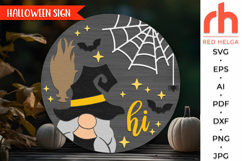 gnome witch svg, spooky hanger svg, halloween door sign svg, welcome sign svg, fall door sign svg, round hanging sign svg, laser cut file, layered sign svg, glowforge cut file, cricut cut file, witch broom svg, porch sign svg, front sign svg, outside sign