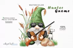 Watercolor Hunter Gnome and dog hunt Png clipart hunting Product Image 1