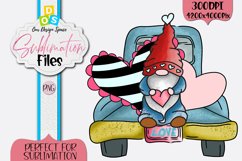 cover image for sublimation image of blue truck with gnome and hearts