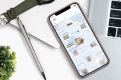 Gold phone mockup of Instagram Puzzle Feed. Gold Iphone sits on blue notebook with laptop, pen, and watch arranged around/