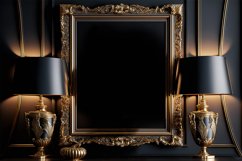 Golden picture frame mockup. Living room vintage decorations