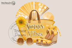 a stylish beach bag with “Summer Vibes” text, paired with yellow wedges, glitter sunglasses, a fan, and a sunflower.