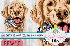 Image of cover for sublimation design displaying an illustration of a golden retriever dog with usa bandana flag on wooden background.