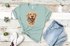 Image of blue shirt mock up with golden retriever wearing usa flag bandana.