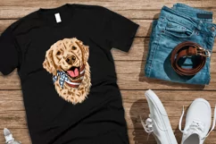 Image of black shirt mock up with illustration of golden retriever wearing usa flag bandana