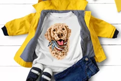 Image of kids white shirt mock up with illustration of golden retriever wearing usa flag bandana