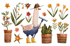 Watercolor Gardening Goose Clipart Farmer Goose, Flowers Product Image 1