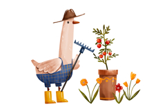 Watercolor Gardening Goose Clipart Set Farmer Goose, Flowers Product Image 4