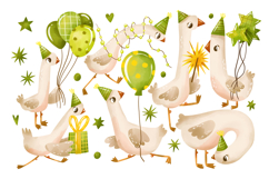 Green Birthday Goose Clipart Set Hand Drawn Party Geese Product Image 1