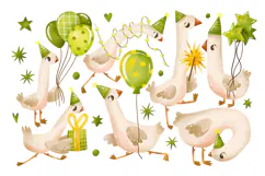 Green Birthday Goose Clipart Hand Drawn Party Geese Product Image 1