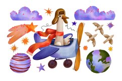 Watercolor Goose Pilot Clipart Set Airplane, Clouds &amp; Space Product Image 1