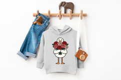 Valentine’s Day goose illustration with a white body, yellow beak and legs, and a bright red rose bouquet, designed in a bold, clean PNG style.