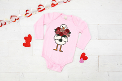 Whimsical goose character holding flowers, created in a smooth vector-style look with solid colors and no shading, ideal for digital downloads and print projects.