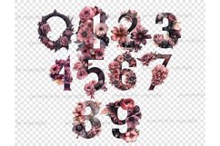 Watercolor gothic mysterious alphabet letters. Elegant font for Halloween numbers 0, 1, 2, 3, 4, 5, 6, 7, 8, 9. Floral alphabet with roses for weddings. Monogram font symbols. Dark alphabet letters decorated with pink and purple roses