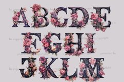 Watercolor gothic mysterious alphabet letters. Elegant font for Halloween letters A, B, C, D, E, F, G, H, I, J, K, L, M. Floral alphabet with roses for weddings. Monogram font symbols. Dark alphabet letters decorated with pink and purple roses