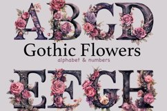 Watercolor gothic mysterious alphabet letters. Elegant font for Halloween letters A, B, C, D, E, F, G, H. Floral alphabet with roses for weddings. Monogram font symbols. Dark alphabet letters decorated with pink and purple roses