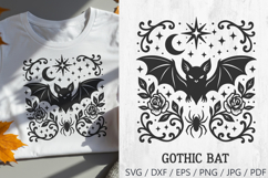 Dark gothic bat illustration with spread wings, surrounded by moon, stars, roses, and spider. Perfect for Halloween designs, spooky crafts, gothic tattoos, occult stickers, witchy apparel, and eerie wall art.