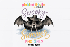 Spooky Summer PNG with vintage-inspired skeleton illustration, black bat wings, oversized floppy hat, blue watercolor water, and hand-painted script lettering.
