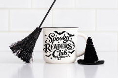 Halloween book lover SVG featuring decorative spooky script lettering with bats and stars for Cricut and sublimation projects.