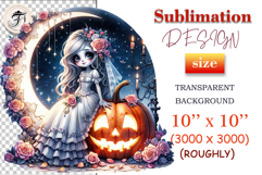 Cute gothic bride with pumpkin and roses — perfect for Halloween designs, invitations, and spooky romantic art projects.