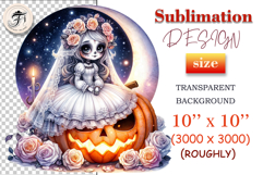 Cute gothic bride with pumpkin and roses — perfect for Halloween designs, invitations, and spooky romantic art projects.
