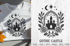 Gothic haunted castle with roses, moon, stars, and spiderweb in ornate frame. Perfect for Halloween crafts, gothic home decor, witchy designs, t-shirts, and spooky invitations.
