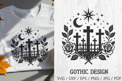 Dark gothic cemetery scene with crosses, roses, moon, and stars. Perfect for Halloween designs, witchy projects, tattoos, gothic apparel, spooky decor, and occult crafts.