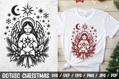 Mystical Gothic Christmas Angel SVG – unique holiday design featuring a gothic angel with wings, moon, stars, pine branches and a festive bow. Perfect for gothic Christmas crafts, witchy holiday projects, apparel, mugs, cards, stickers, and decorations.
