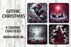 Four gothic Christmas coaster sublimation designs with raven, sleigh in red forest, misty poinsettia woods and raven-covered tree.