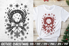 Gothic Christmas Deer Antlers SVG – a unique vintage black and white Christmas design with wreath, bow, pine branches, stars, and snowflakes. Perfect for gothic holiday crafts, t-shirts, mugs, signs, stickers, and decorations.